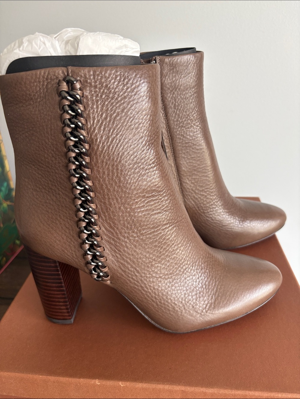Coach Brown Leather Chain-Trim Block Heel Ankle Boots